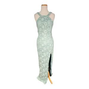 Lulus Sage Green Lace Maxi Dress Halter Open Back Formal Wedding Guest Gown M